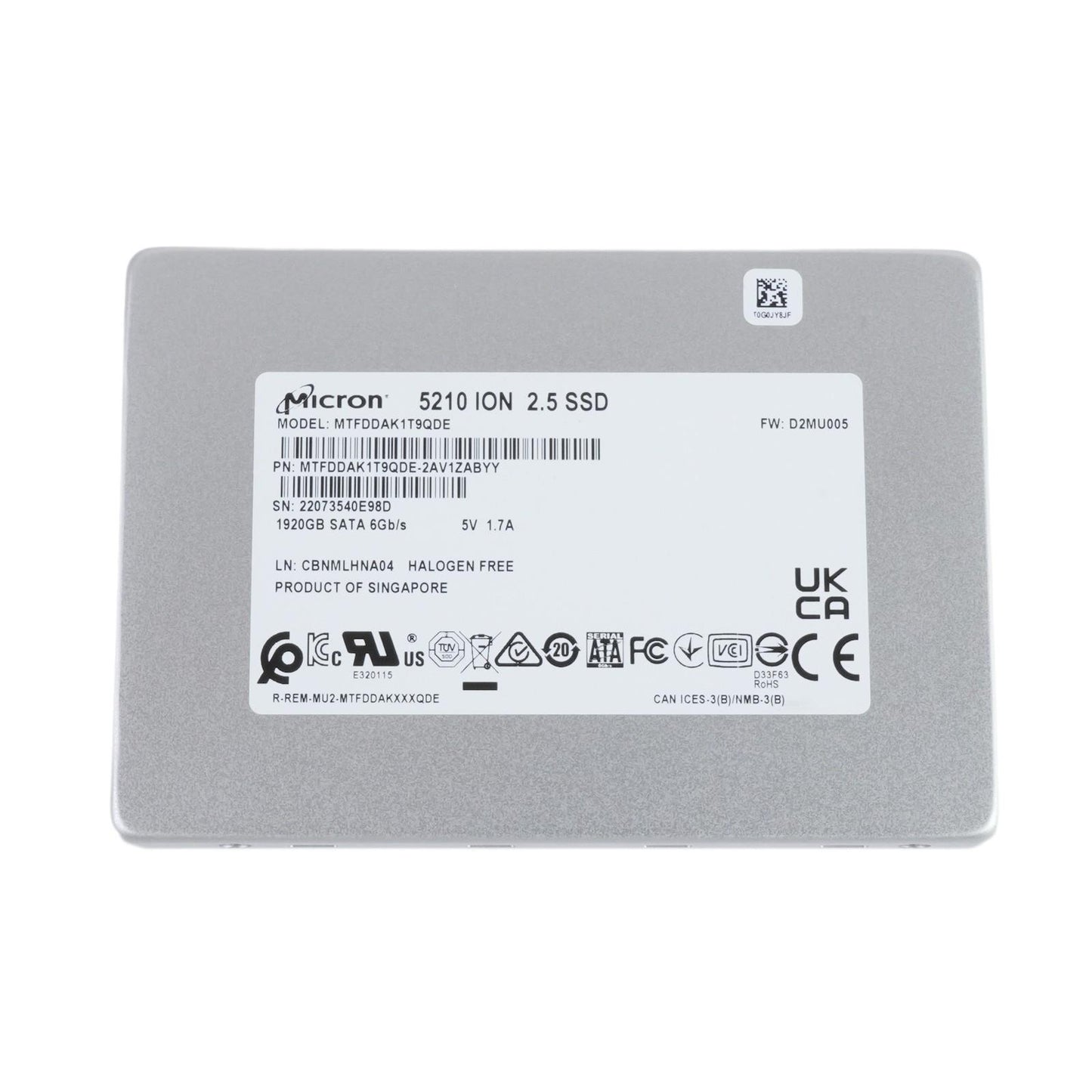 Micron 5210 ION 1.92TB SATA III 2.5" SSD Solid State Drive MTFDDAK1T9QDE