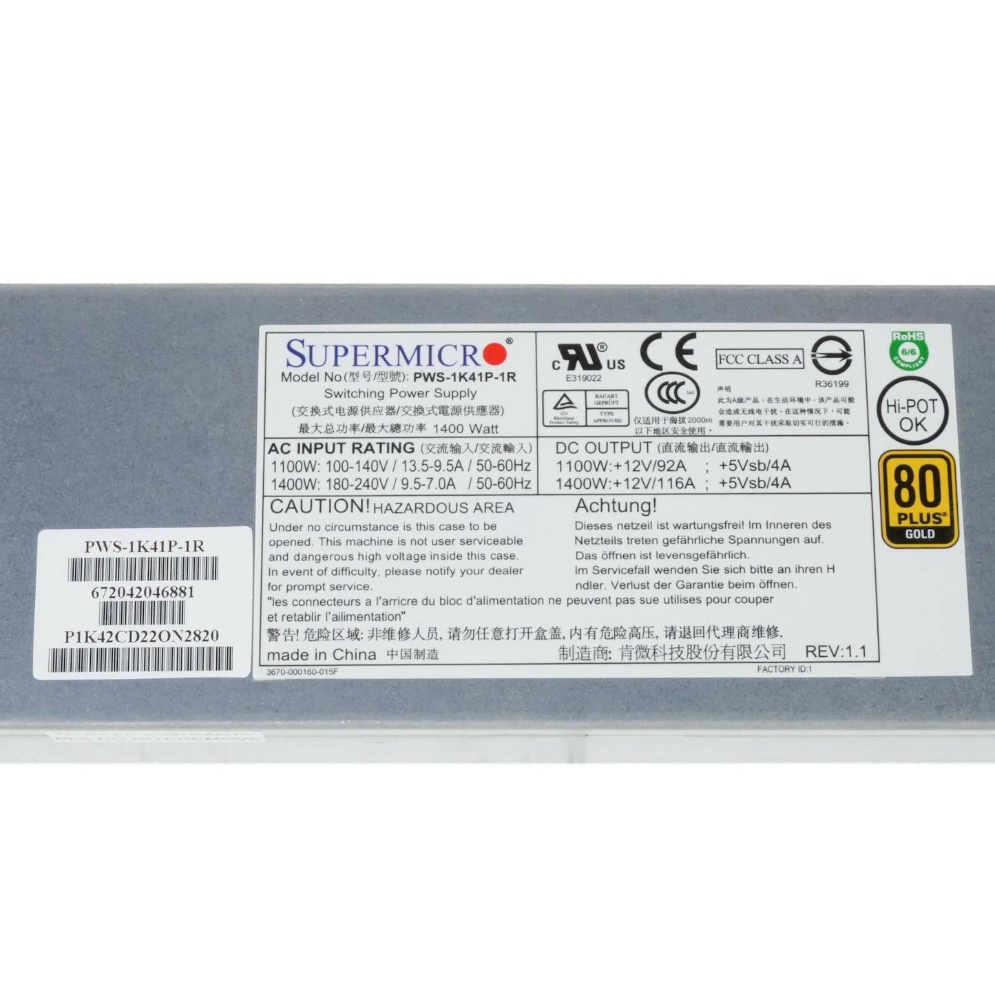 Supermicro PWS-1K41P-1R 1400W 1U 80 Plus Gold Switching Power Supply