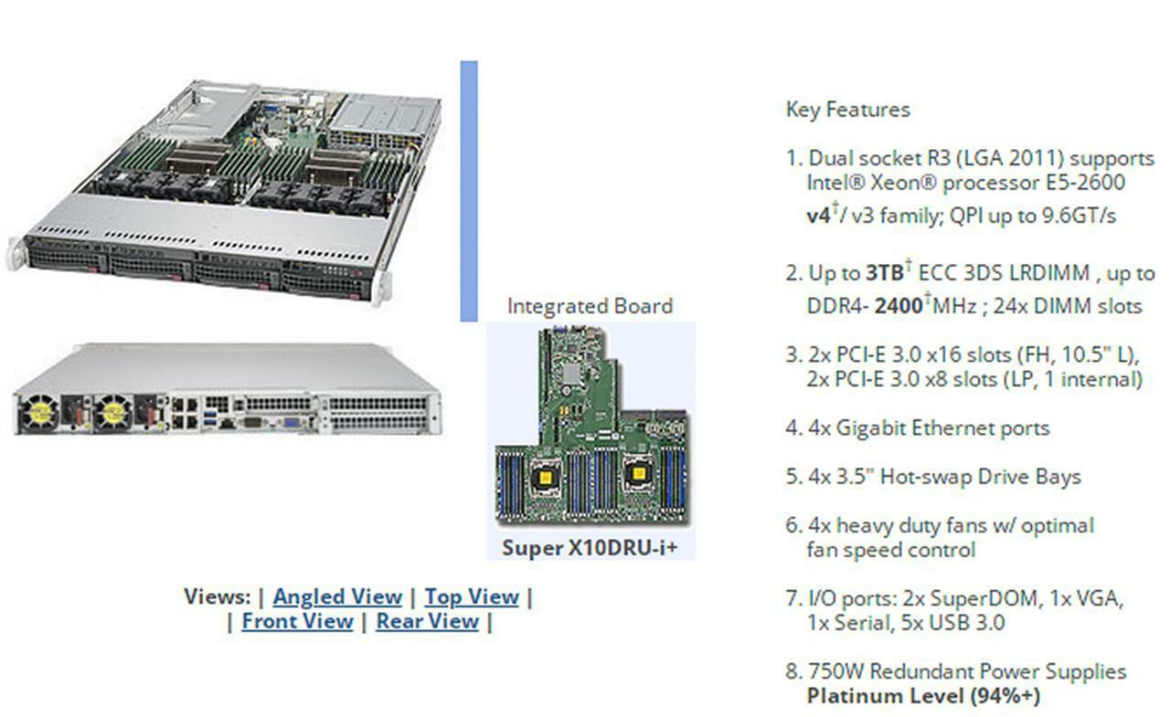 Supermicro 6018U-TR4+ X10DRU-i+ 2x Intel Xeon E5-2690v4 2.6GHz 64GB 1U Server