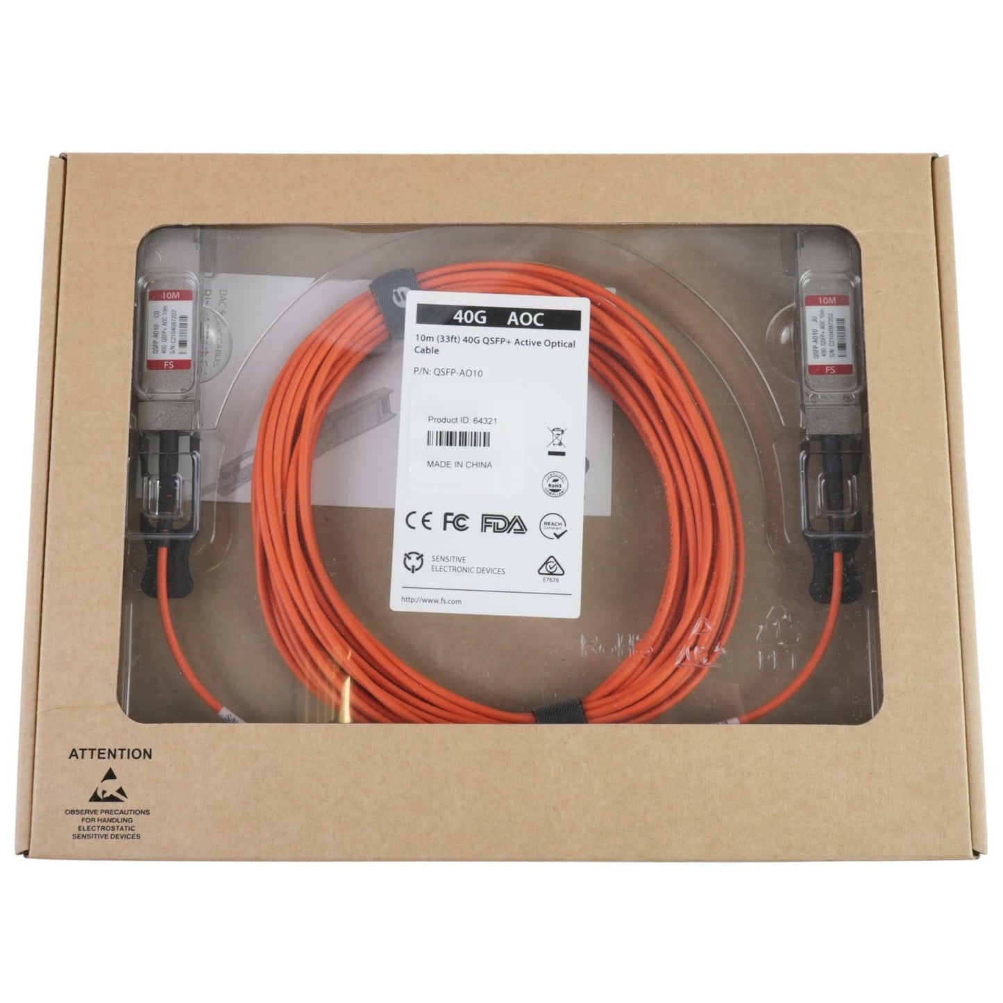 NEW FS 10m (33ft) 40GBps QSFP+ Active Optical Cable QSFP-AO10