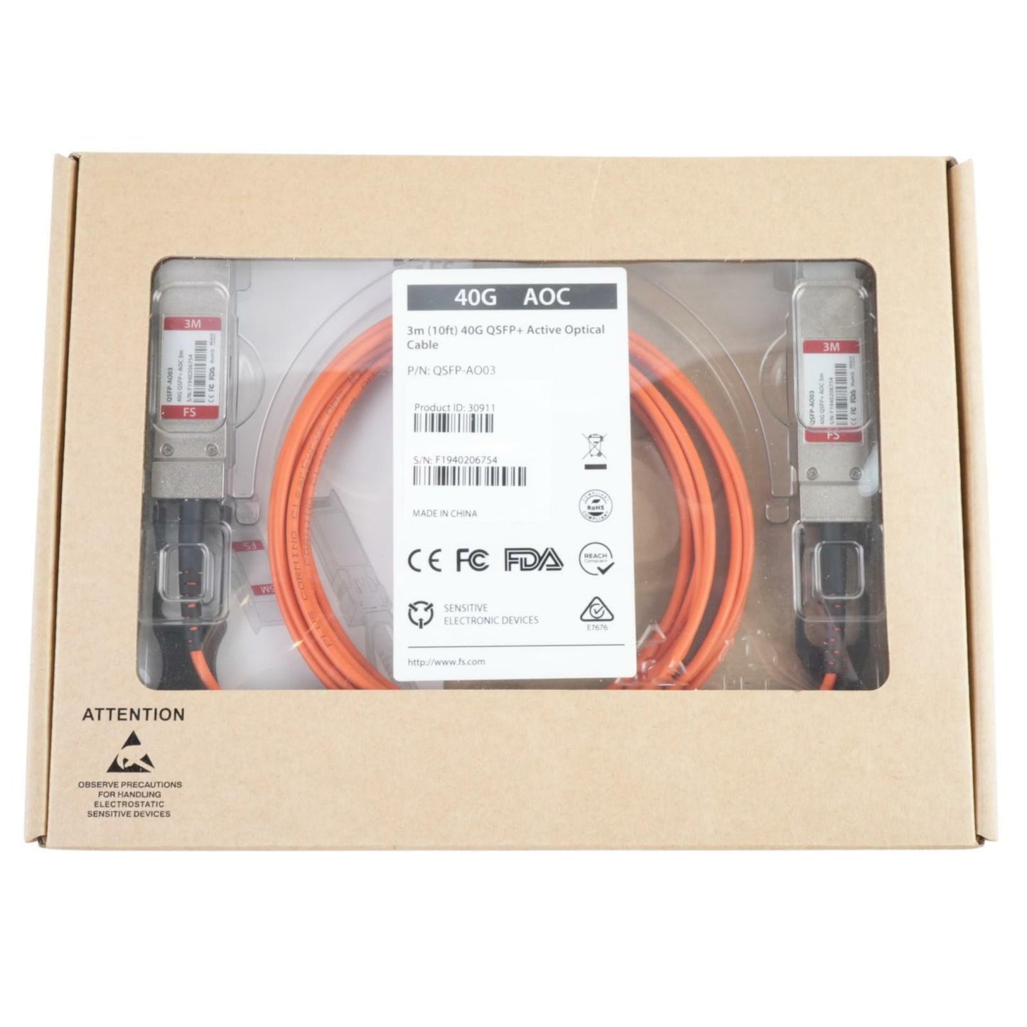 NEW FS 3m (10ft) 40G QSFP+ Active Optical Cable QSFP-AO03