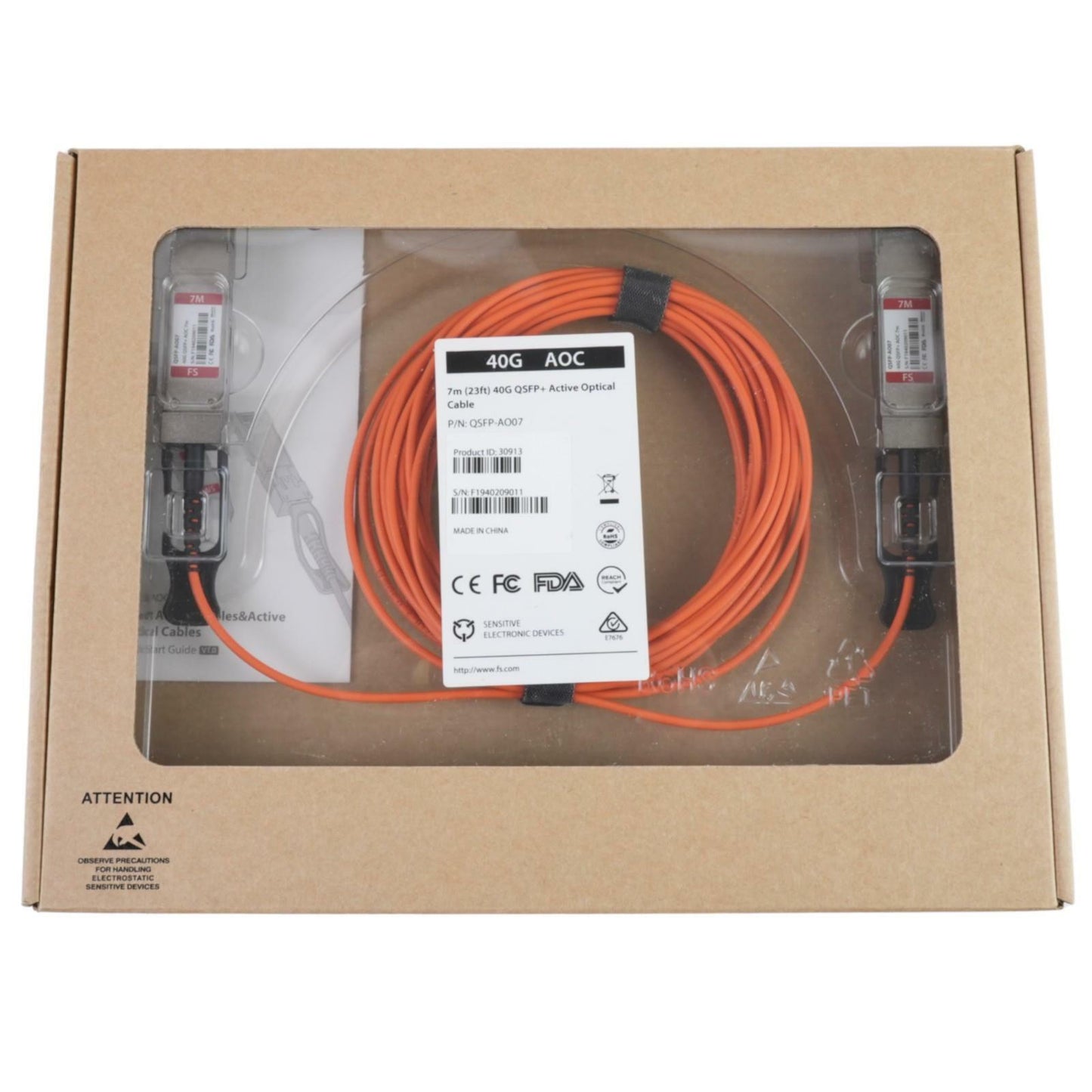 NEW FS 7m (23ft) 40GBps QSFP+ Active Optical Cable QSFP-AO07