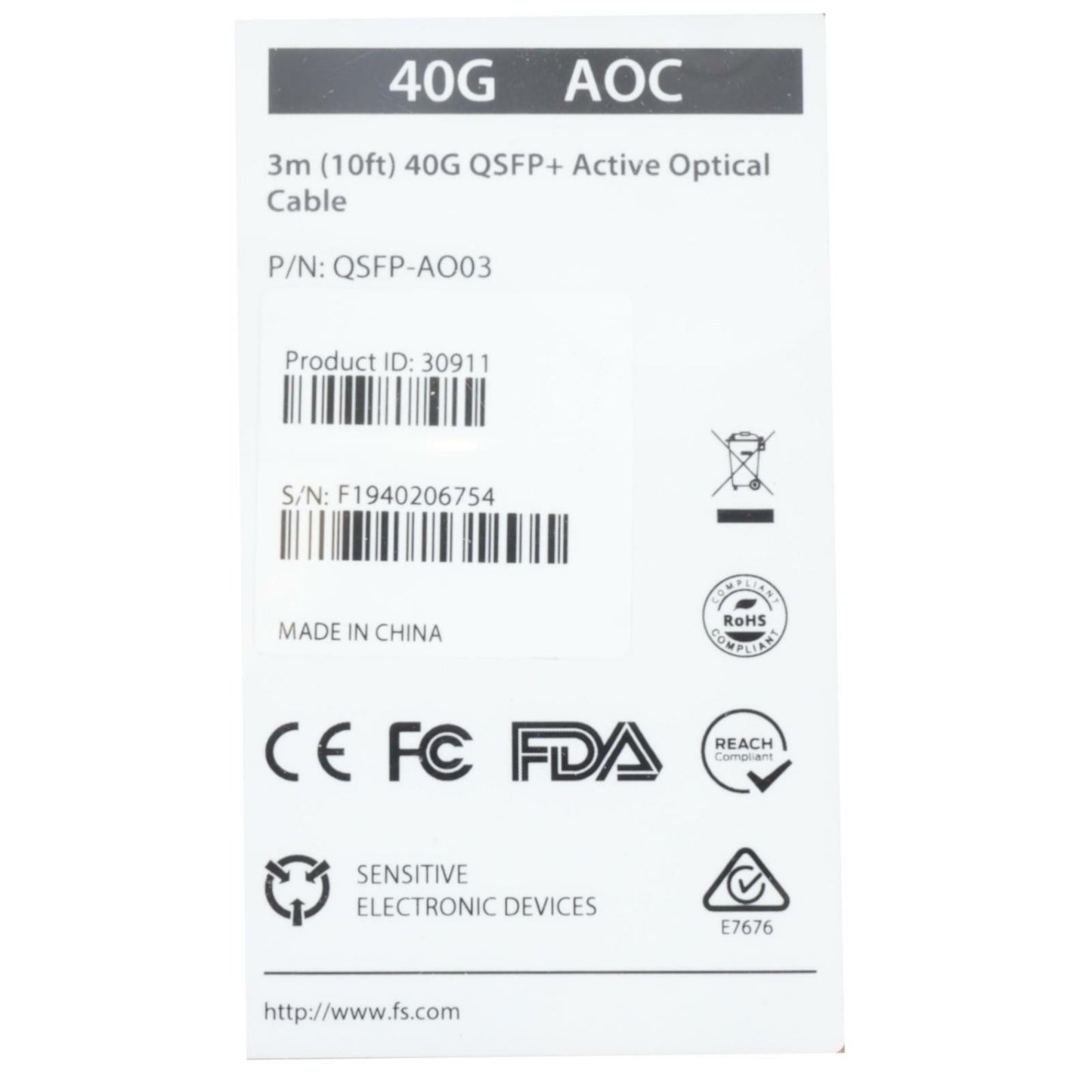 NEW FS 3m (10ft) 40G QSFP+ Active Optical Cable QSFP-AO03