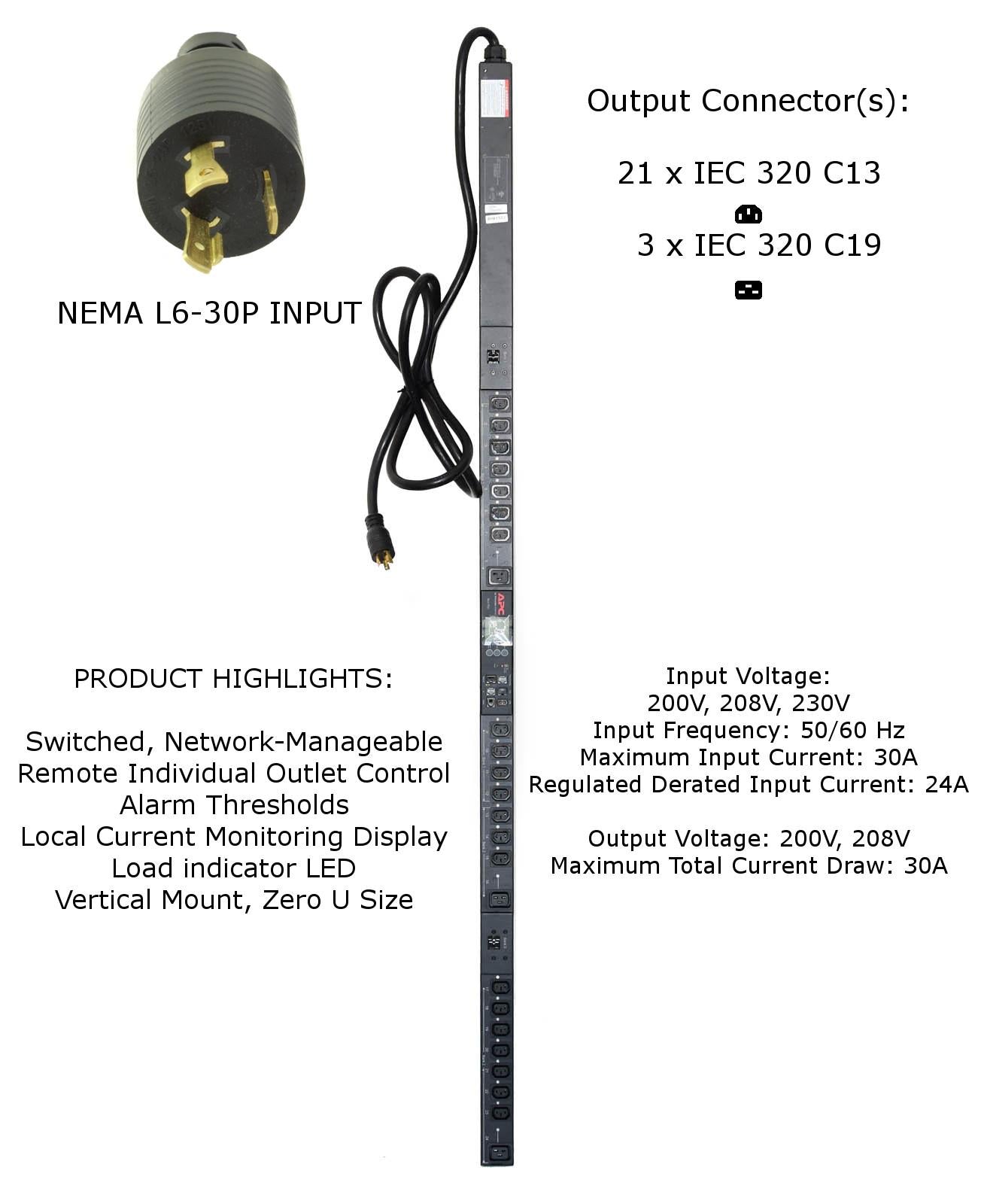 APC AP8941 200/208V 30A (21)C13 (3)C19 Zero U Switched Rack PDU Surge ...