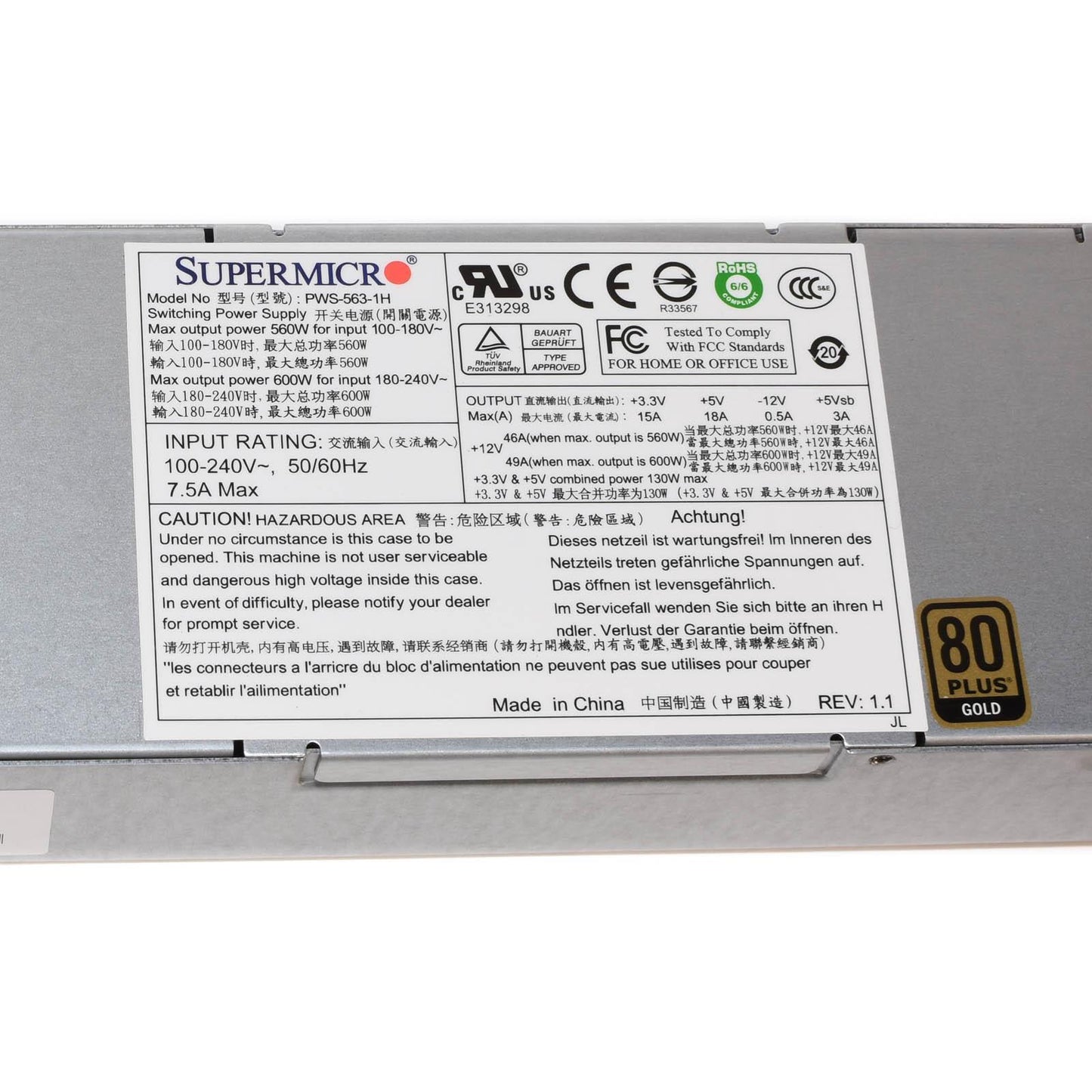 Supermicro PWS-563-1H 560W/600W 1U ATX12V & EPS12V Multi-Output 80+ Power Supply