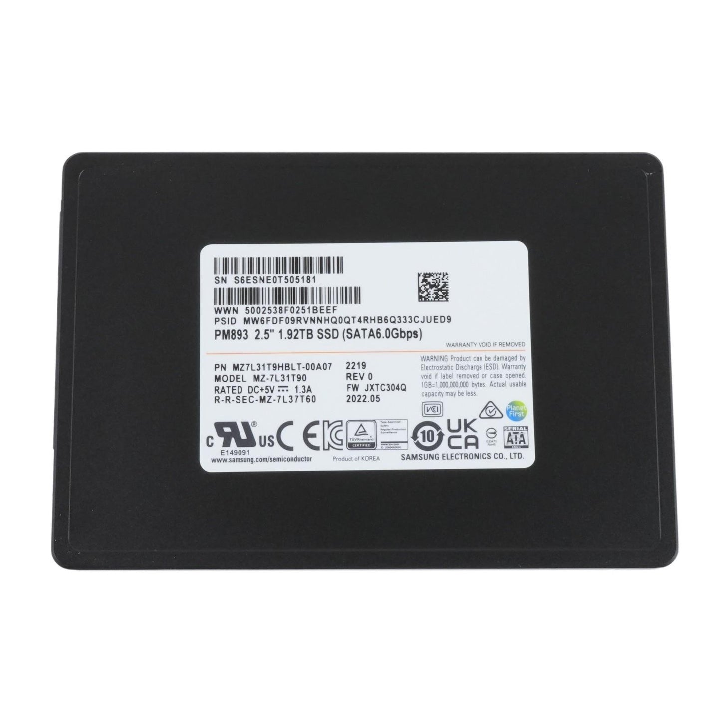 Samsung PM893 1.92TB SSD 2.5" 3D TLC SATA 6Gbps MZ7L31T9HBLT-00A07