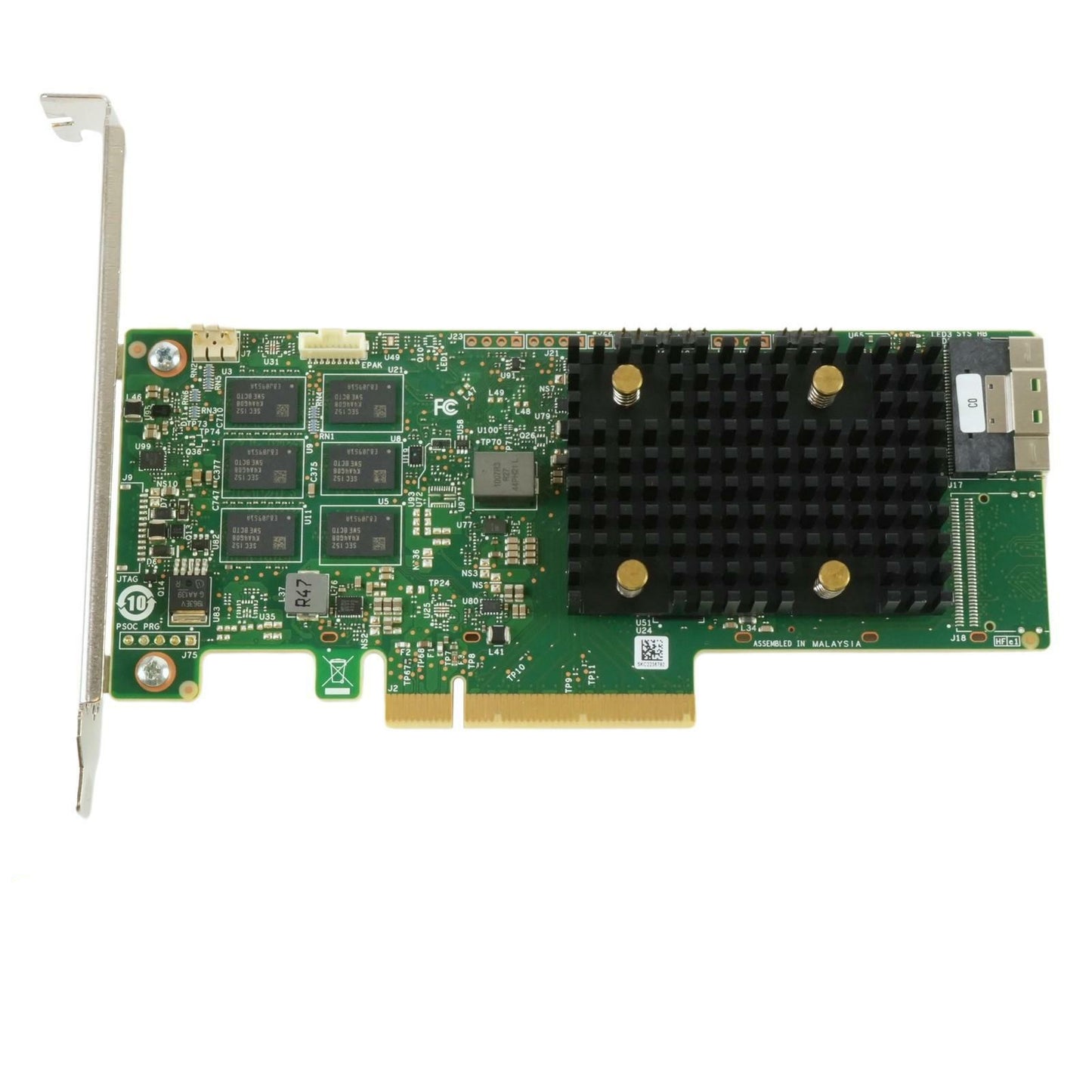 MegaRAID 9560-8i computer expansion card with green circuit board and black heat sink with full height mounting bracket on a white background