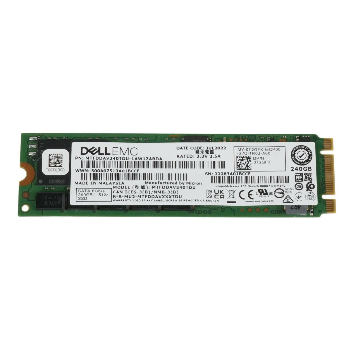 Dell T2GFX BOSS 240GB 6Gb/s SATA M.2 SSD MTFDDAV240TDU Solid State Drive 100%