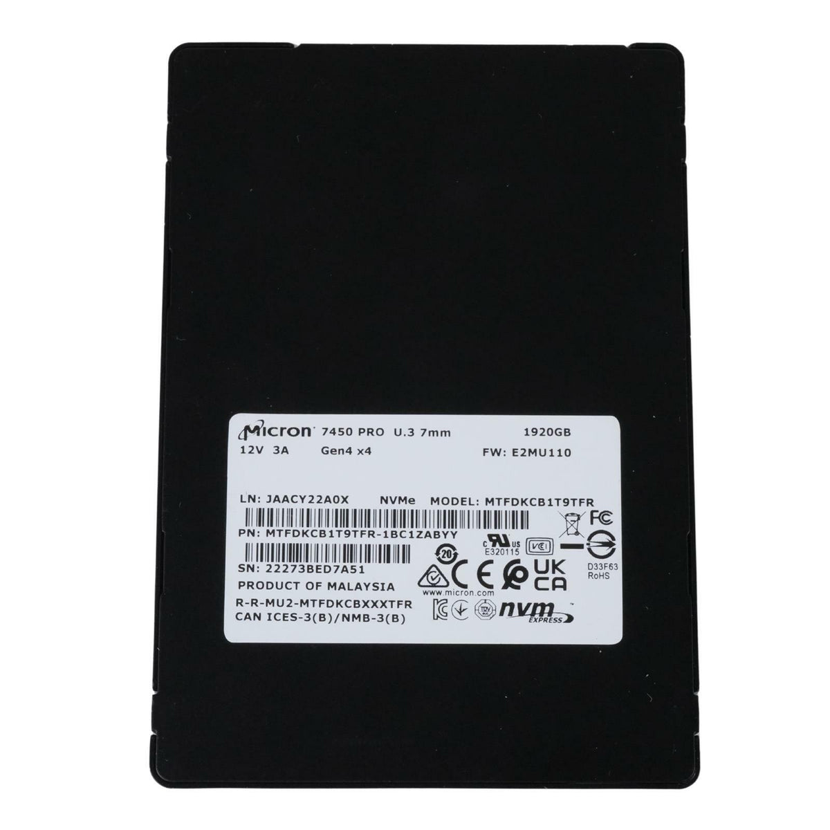 Micron 7450 PRO 1.92TB NVMe U.3 PCIe Gen 4 x4 TLC SSD Solid State Drive MTFDKCB1T9TFR-1BC1ZABYY