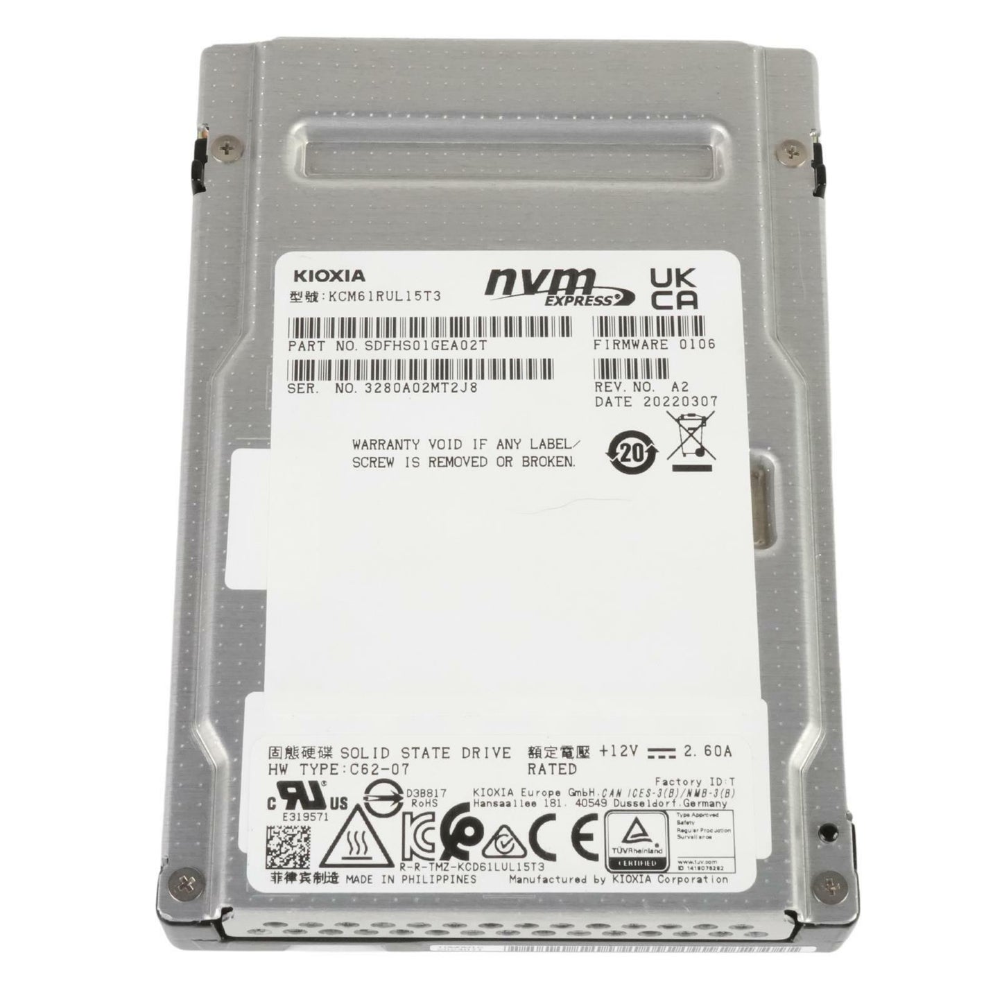 Kioxia CM6 15.36TB 2.5" SFF NVMe U.3 PCIe Gen 4 x4 3D TLC SSD KCM61RUL15T3 100%