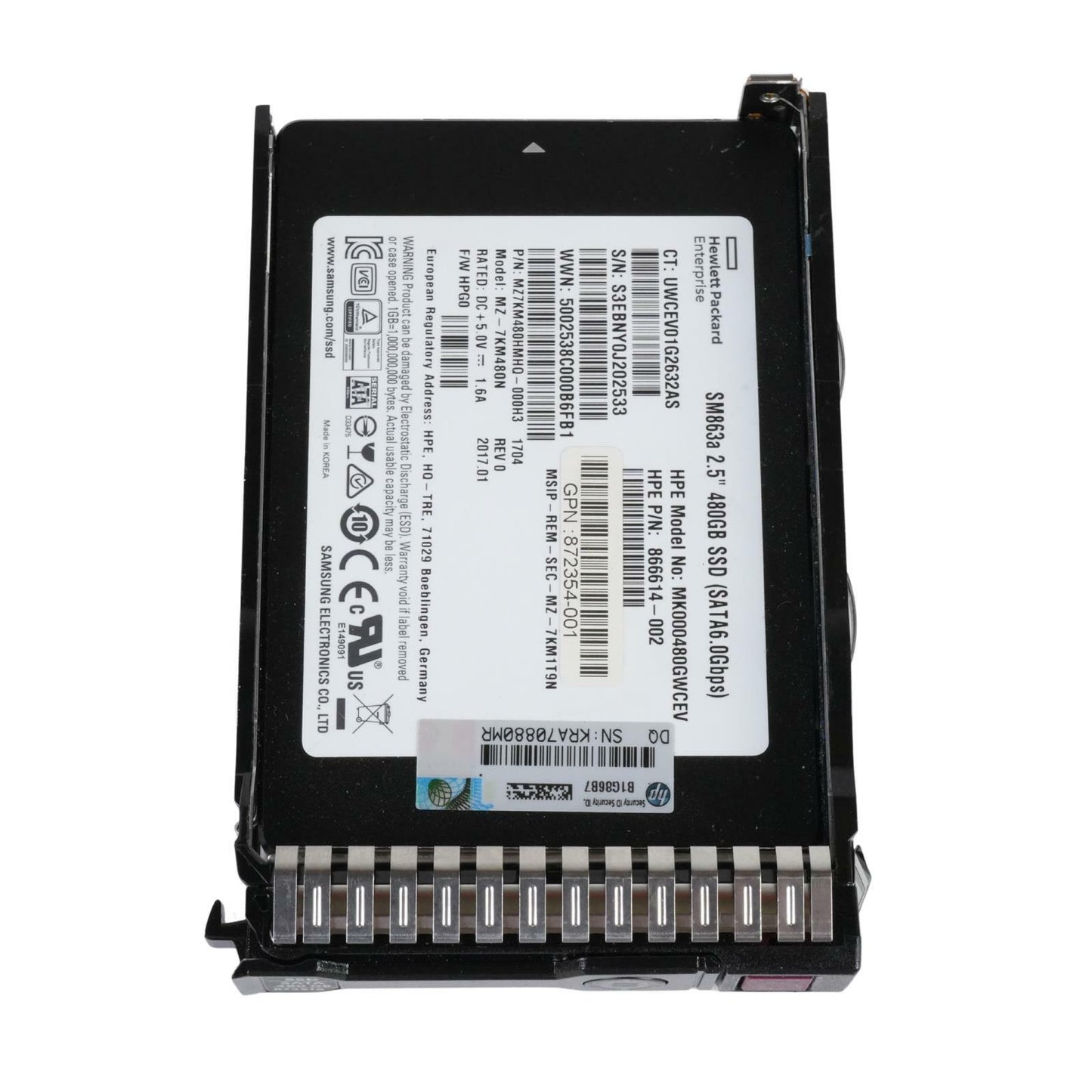 HPE 872518-001 Samsung SM863a MZ-7KM480N 480GB SSD 2.5" SATA 6G 872344-B21 100%