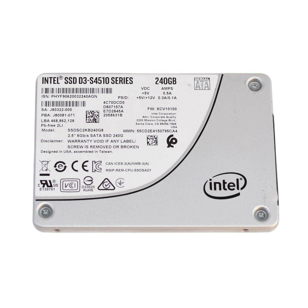 Intel 240GB SSD D3-S4510 Series 2.5" SATA III 6G 3D2 TLC SSDSC2KB240G8