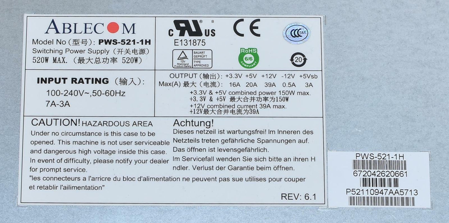 Supermicro Ablecom PWS-521-1H 520W 1U Switching Power Supply