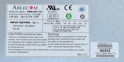 Supermicro Ablecom PWS-521-1H 520W 1U Switching Power Supply