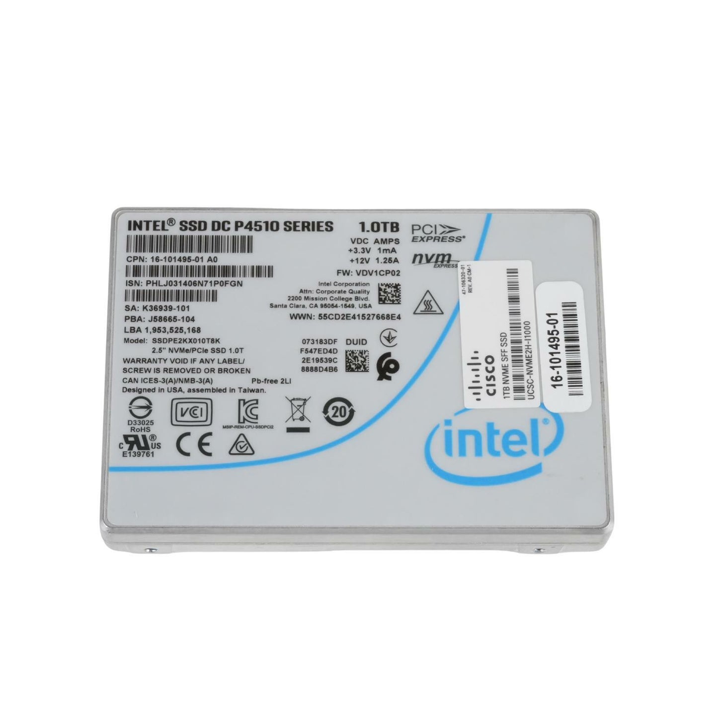 Cisco UCSC-NVME2H-I1000 Intel DC P4510 1TB NVMe PCIe3 x4 TLC SSD SSDPE2KX010T8K