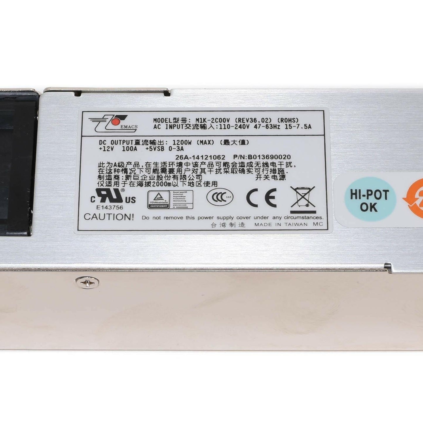EMACS M1K-2C00V 110V-240V 1200W 1U Redundant Hot Plug Power Supply B013690020