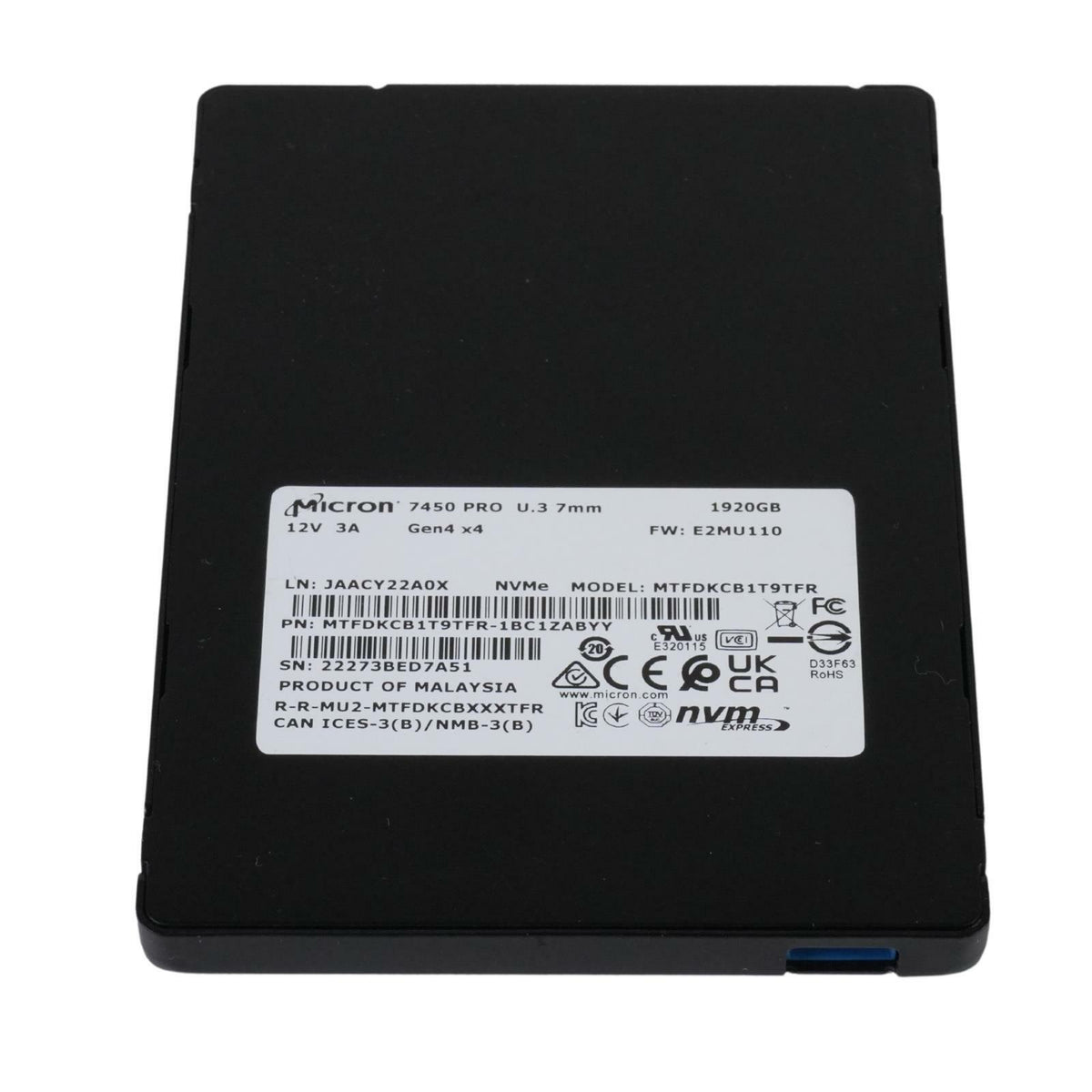Micron 7450 PRO 1.92TB NVMe U.3 PCIe Gen 4 x4 TLC SSD Solid State Drive MTFDKCB1T9TFR-1BC1ZABYY