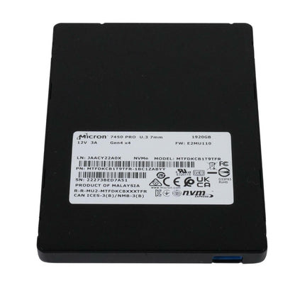 Micron 7450 PRO 1.92TB NVMe U.3 PCIe Gen 4 x4 TLC SSD Solid State Drive MTFDKCB1T9TFR-1BC1ZABYY
