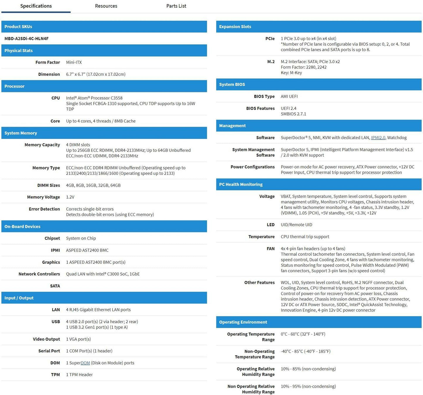Supermicro A2SDi-4C-HLN4F Atom C3558 2.2Ghz 4-Core 16W Mini-ITX SoC Motherboard