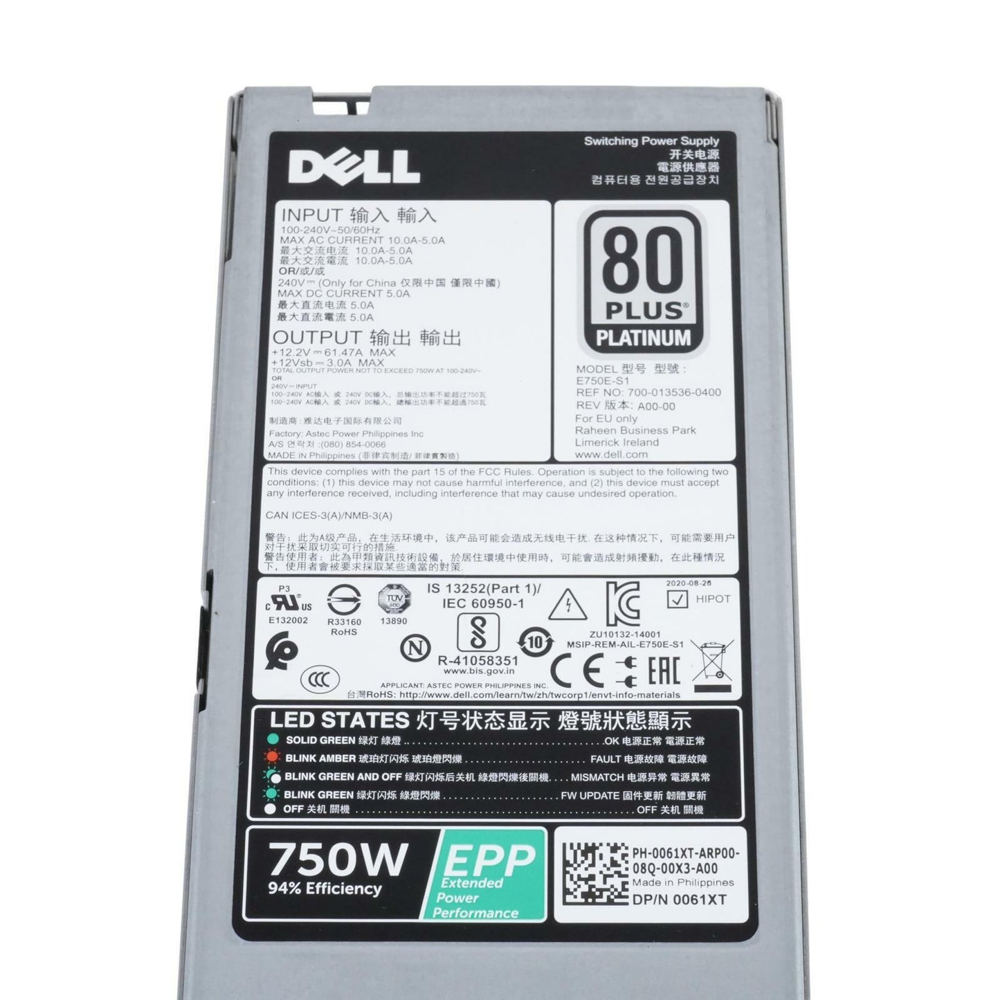 Dell 061XT PowerEdge R640 R740 R840 T440 T640 750W 80+ Platinum AC Power Supply