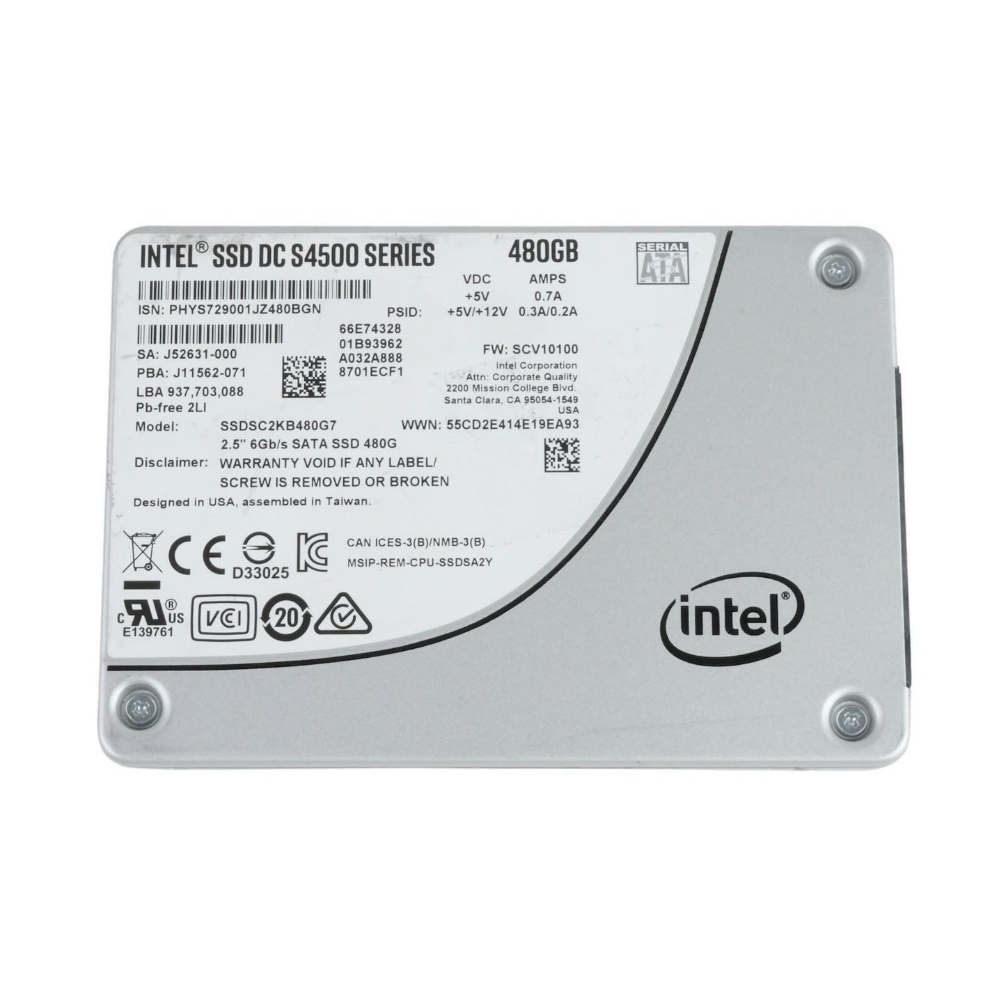 INTEL DC S4500 Series 480GB SATA III 2.5" Solid State Drive SSDSC2KB480G7 90%